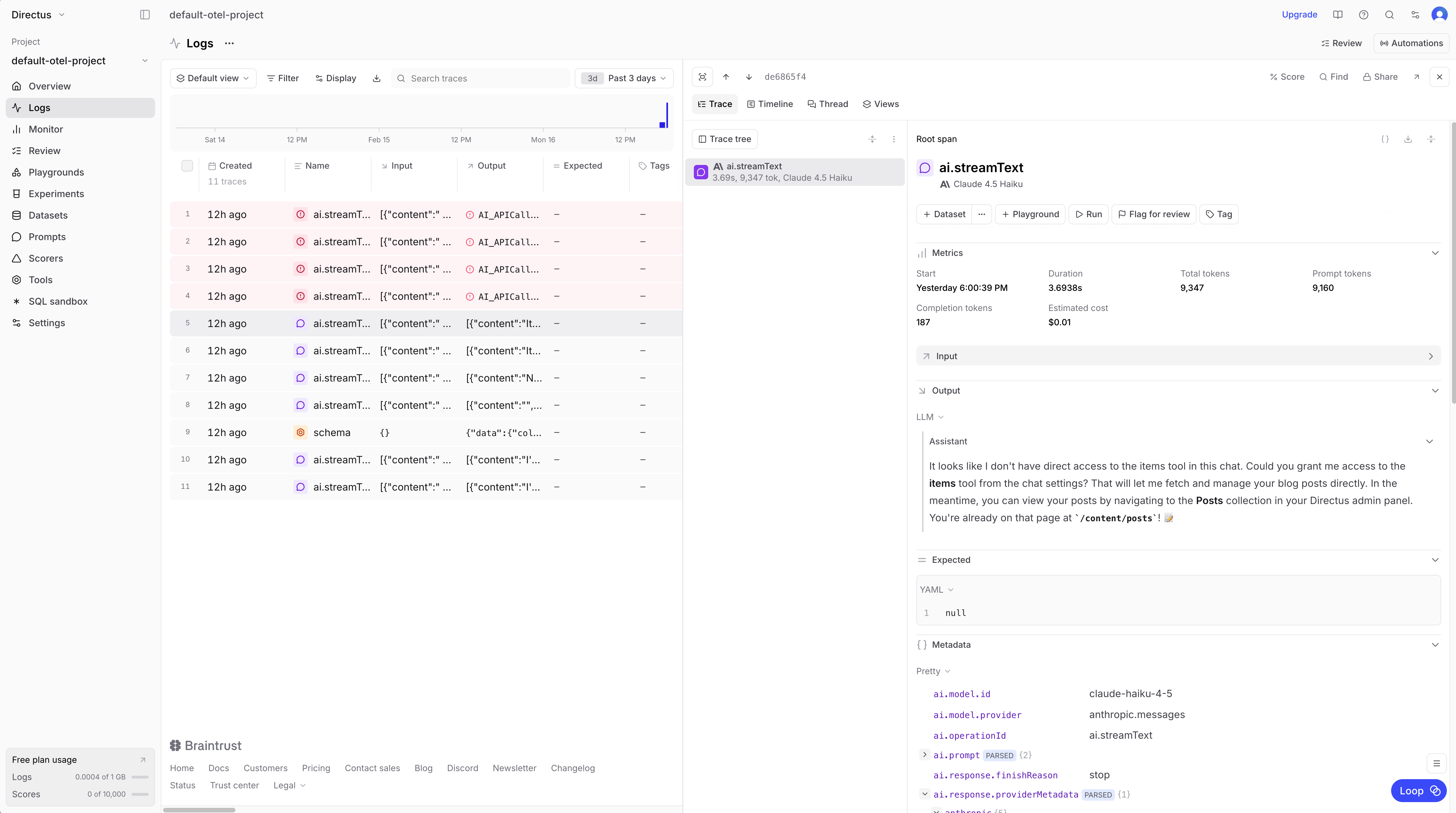 Braintrust trace dashboard showing AI Assistant requests
